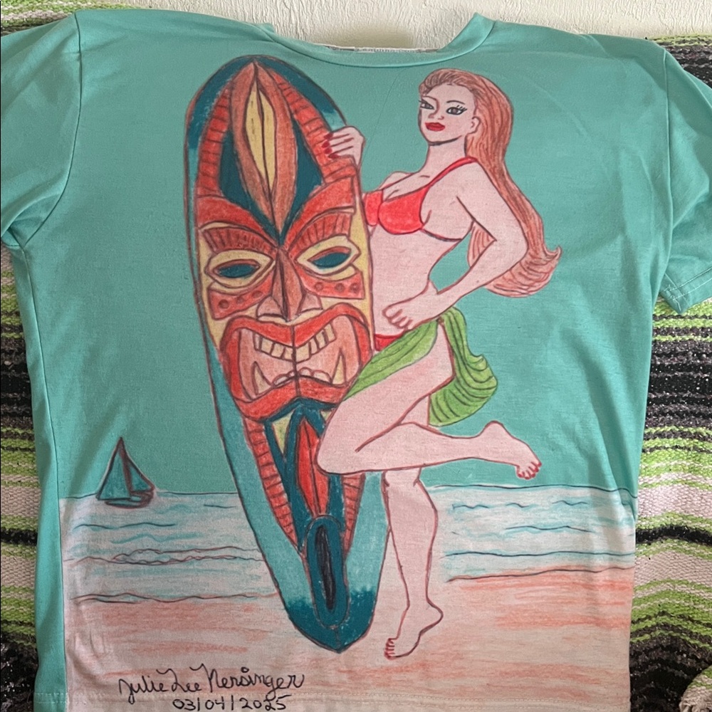 (S) Tiki woman Graphic T’shirt with Surfboard Designed by Julie Lee Nersinger - Picture 3 of 11